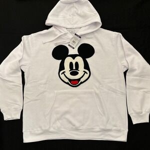 Disney Mickey Mouse XL White Pullover Sweatshirt Hoodie Crochet Patch Face NWT
